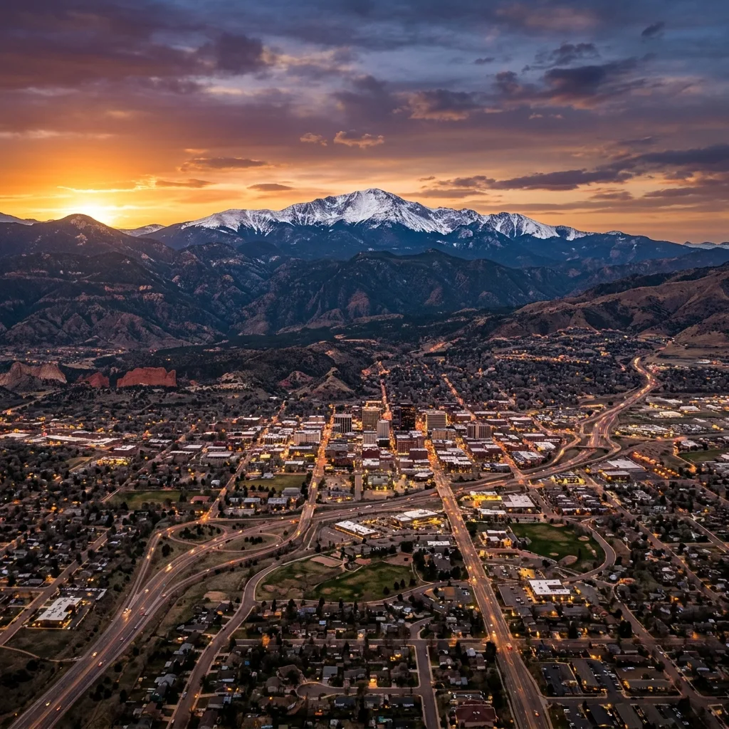 Aerial view of Colorado Springs and Pikes Peak region showing the diverse elevation landscape