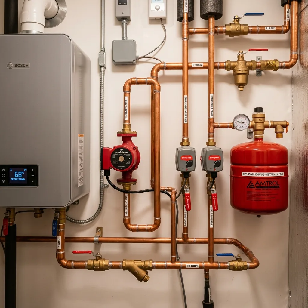 Residential hydronic heating system with copper piping, circulator pump, zone valves, and expansion tank connected to gas boiler in Colorado Springs home
