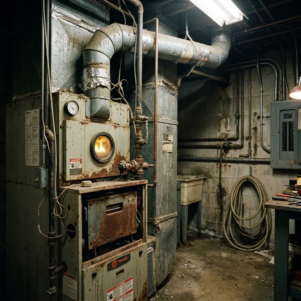 Old 22-year-old commercial furnace with cracked heat exchanger