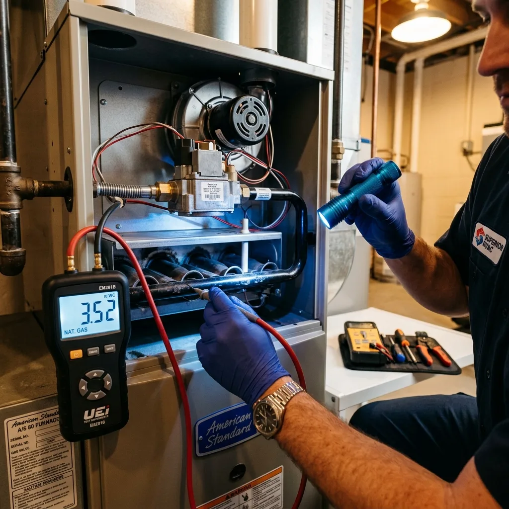 Emergency furnace diagnostic equipment being used by an HVAC technician in Colorado Springs to test combustion safety at high altitude