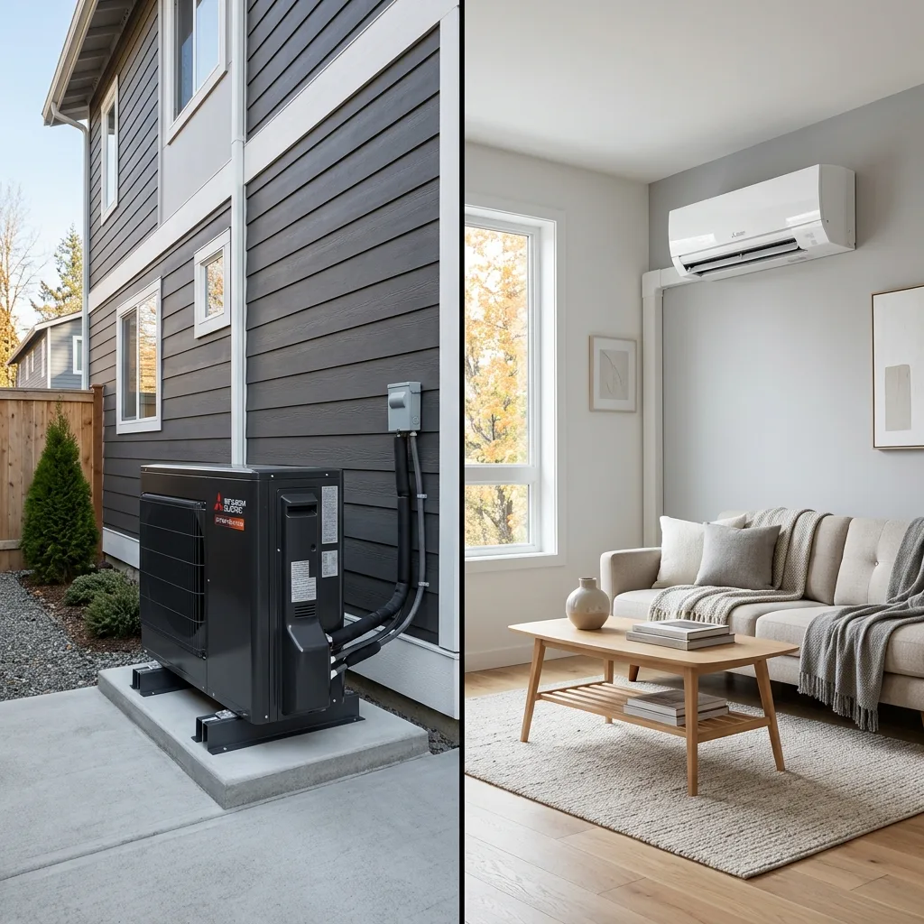 Modern cold-climate heat pump outdoor condenser unit and indoor ductless mini-split unit installed in Colorado Springs home