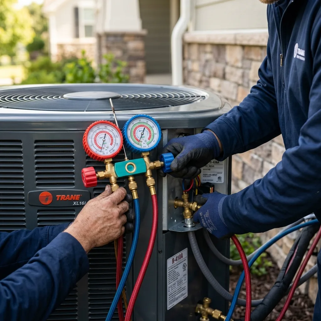 HVAC technician connecting diagnostic manifold gauges to heat pump system for refrigerant pressure testing in Colorado Springs