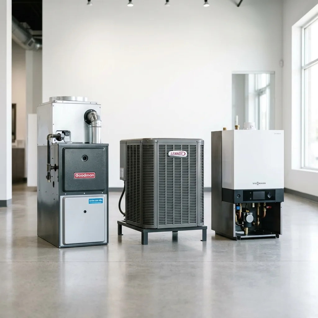 Modern high-efficiency heating equipment including gas furnace, heat pump condenser, and boiler available for installation in Colorado Springs homes