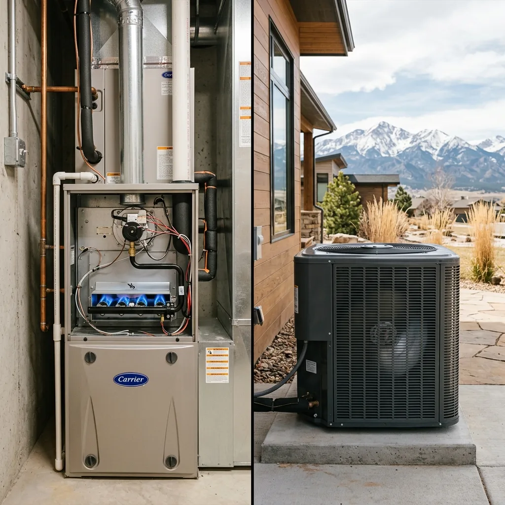 Multiple heating system types serviced in Colorado Springs — gas furnace with blue burner flames and heat pump outdoor unit with Colorado mountain backdrop