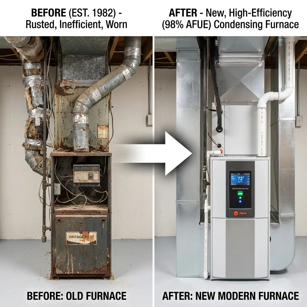 Before and after furnace replacement comparison — old inefficient furnace vs new high-efficiency condensing furnace installed in Colorado Springs home