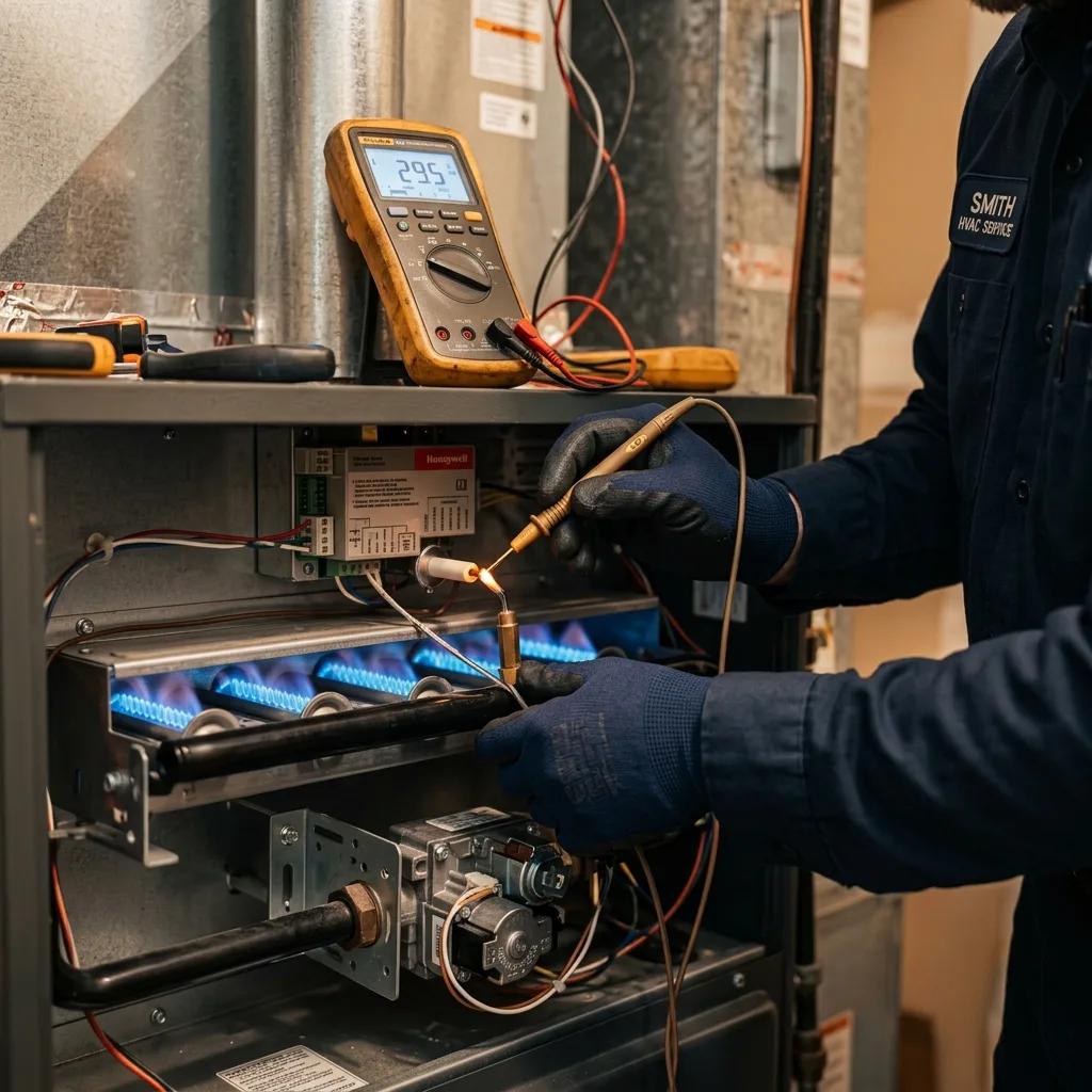 HVAC technician performing furnace maintenance inspection with combustion analyzer in Colorado Springs home — checking burner assembly and flame sensor for altitude-calibrated safety